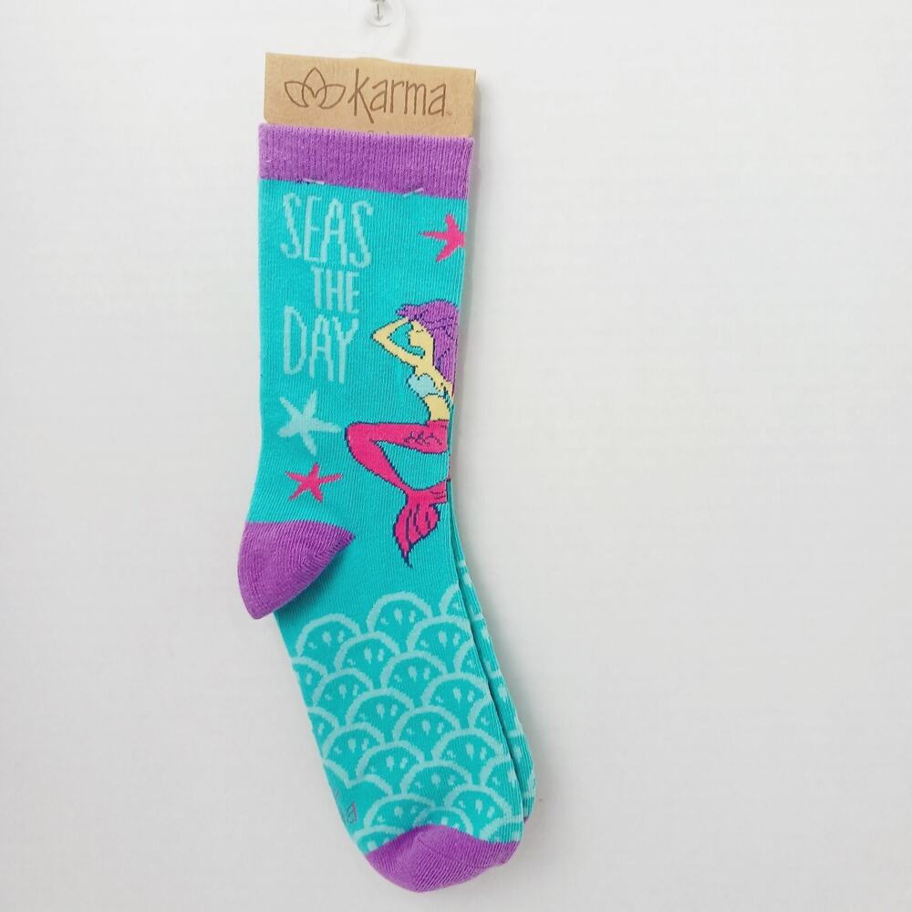 Women Boy Sock Crew Karma Mermaid Seas Day Starfish Seize Cotton Gift Ocean NWT